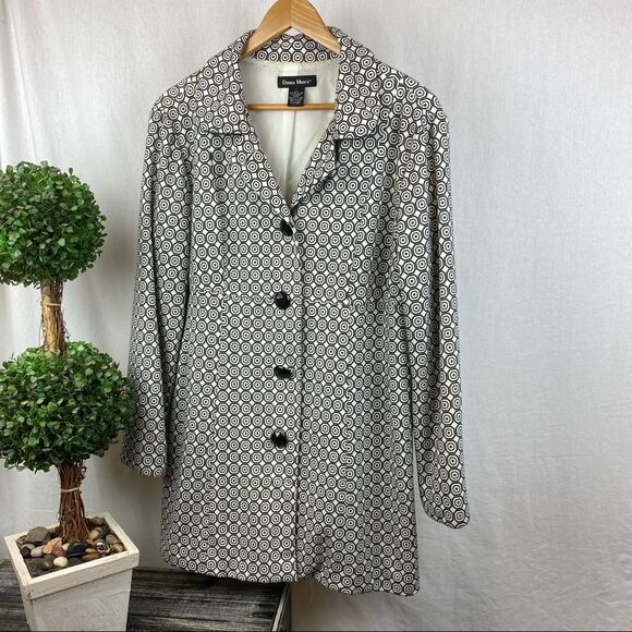 Donna Moore Ivory & Black Print Art Deco Duster Pea Coat Overcoat L - Picture 1 of 6
